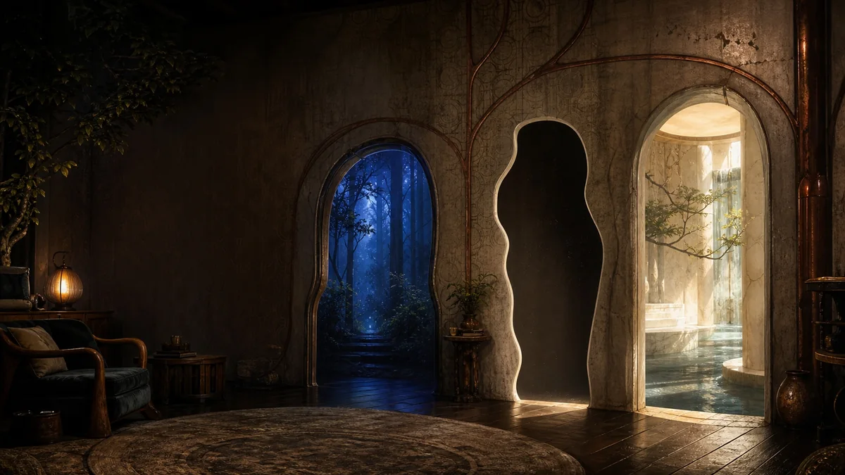 A worn room containing a blue forest doorway, a dark unanswered opening, and a sunlit water passage.