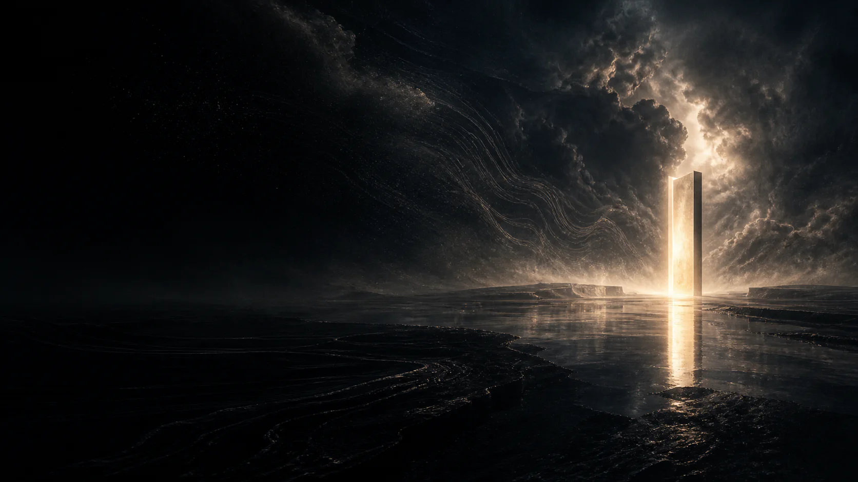 A warm monolith stands in a dark reflective landscape beneath a dense atmosphere.