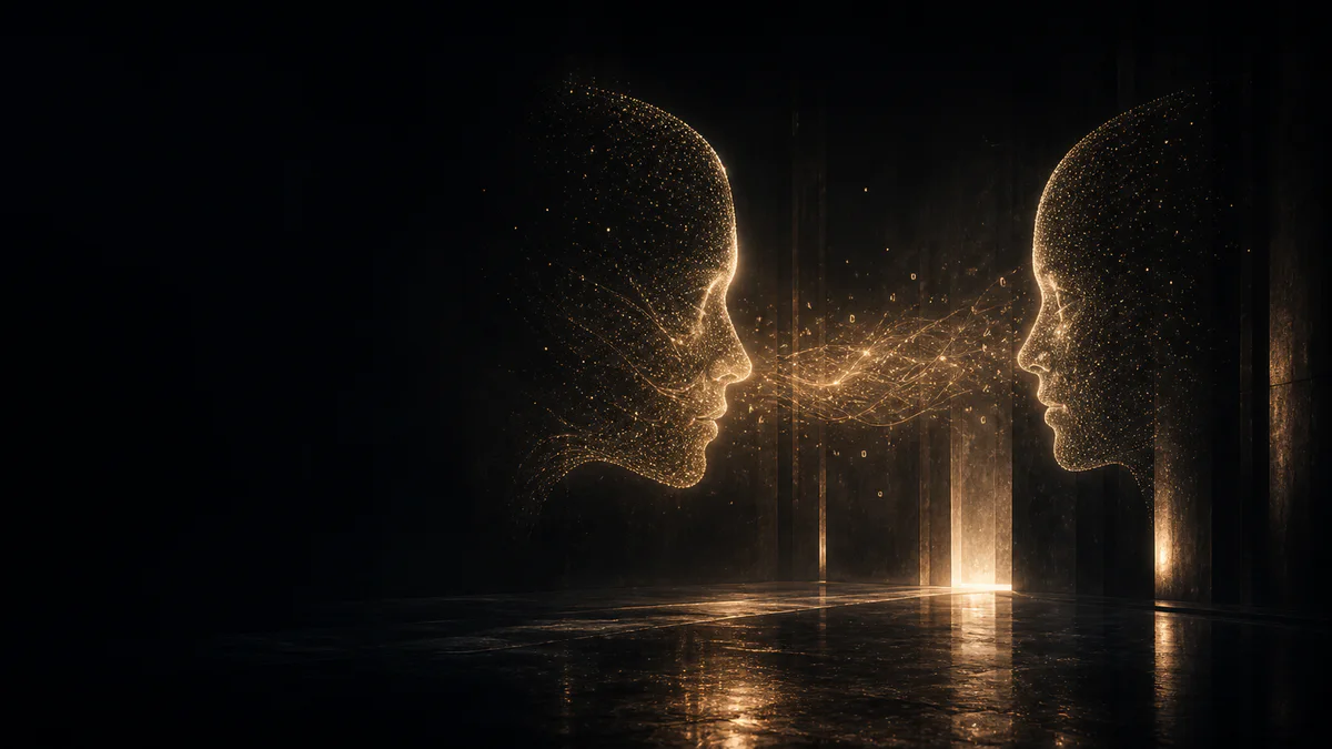 Two intelligence profiles exchange luminous language in a dark architectural room.