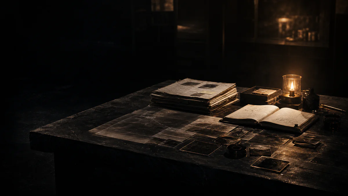 An amber-lit archival table layered with papers, notebooks, and evidence objects.