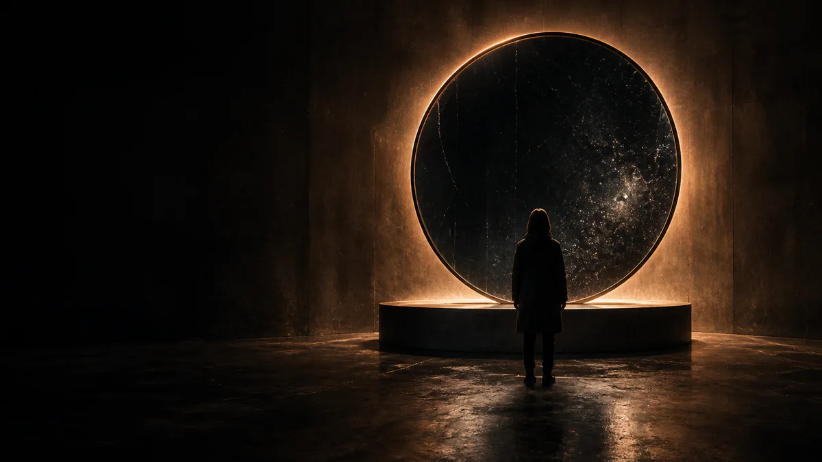 A person stands before a monumental black-glass mirror rimmed in amber light.