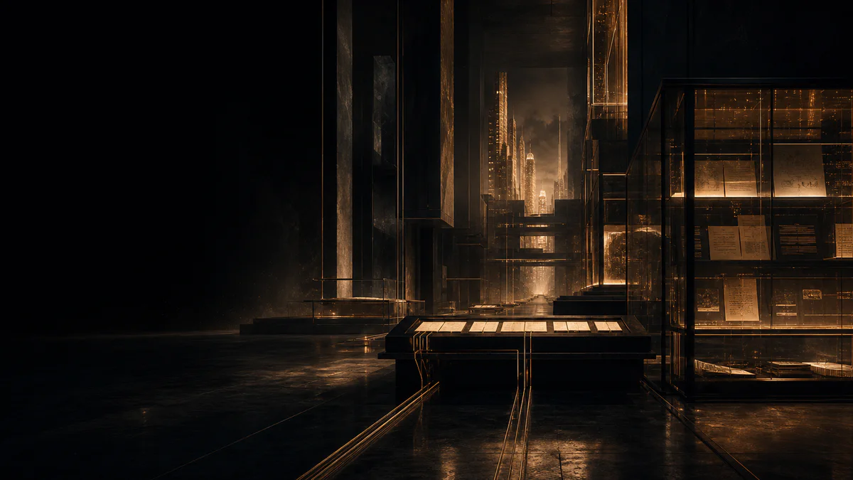 An inhabited archive-machine of glass, brass, and dark architecture.