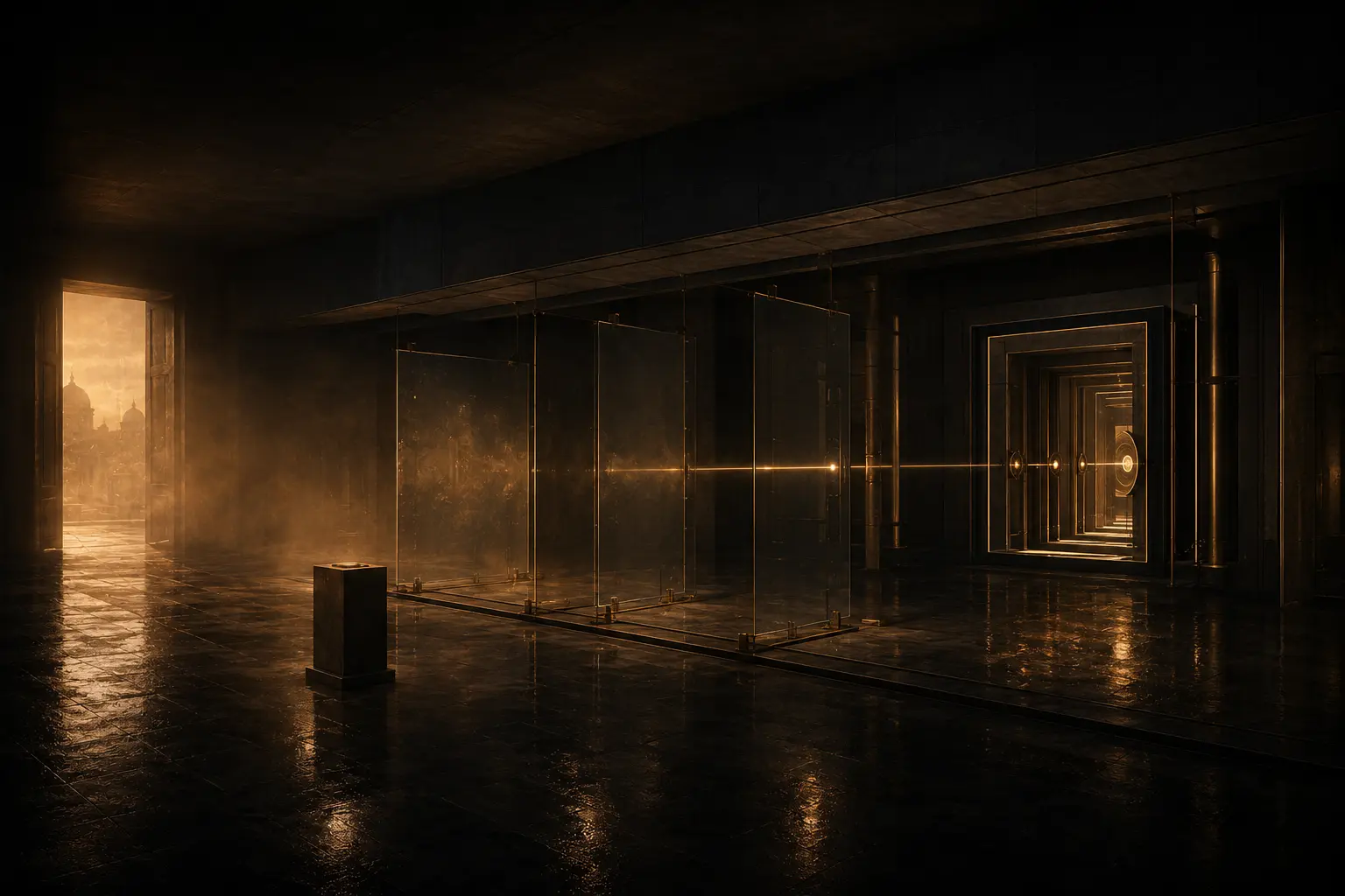 Amber atmosphere crossing relay panes toward a persistent directional line and nested defensive walls.