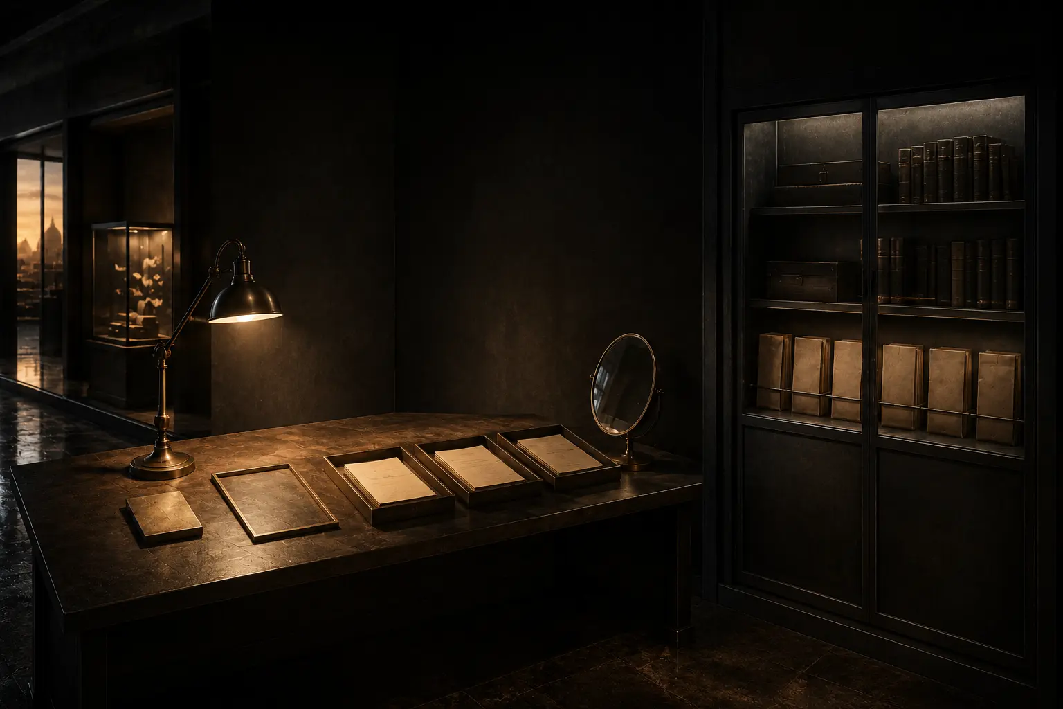 A warm preparation desk with four unmarked actions beside a sealed evidence cabinet.