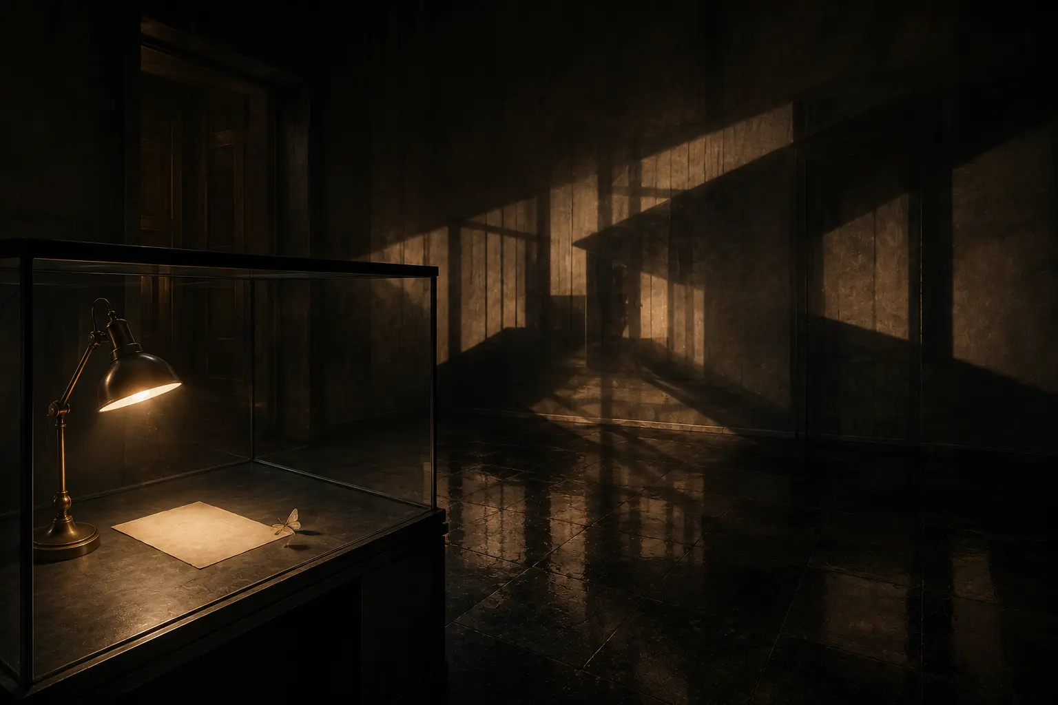 A blank paper and small moth in a quiet vitrine casting a much larger architectural shadow.
