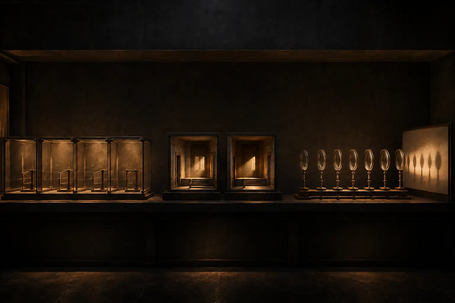 A proof bench containing four relay chambers, two identical rooms, and a seven-lens taxonomy instrument.