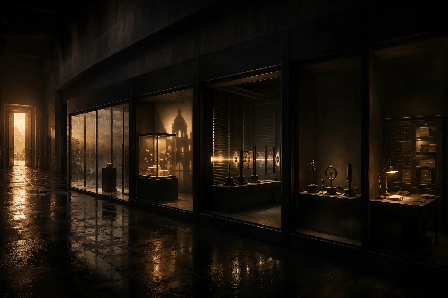 A continuous dark architectural research wing with connected evidence installations under warm amber light.