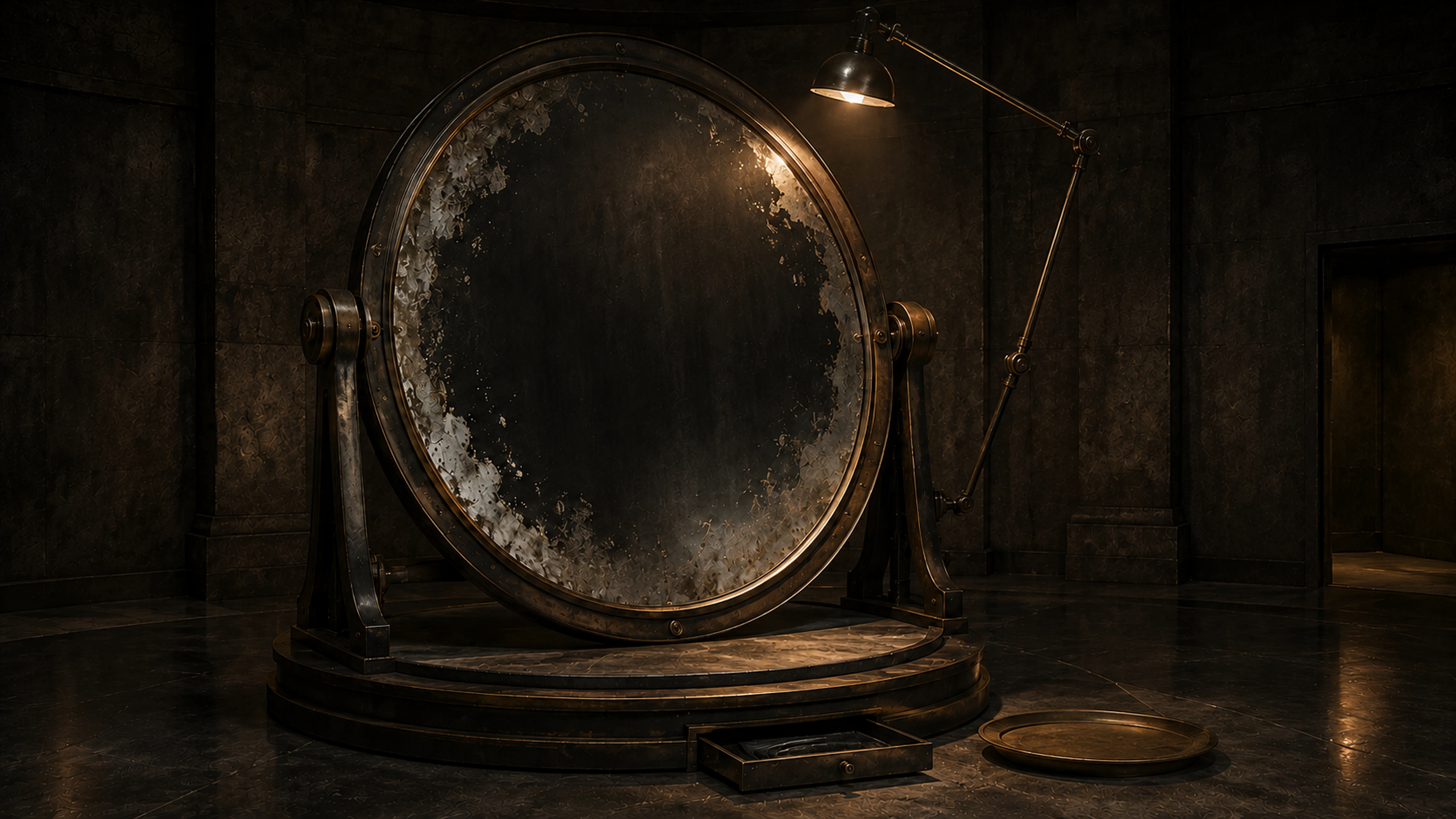 A monumental aged mirror lit by a single articulated lamp.