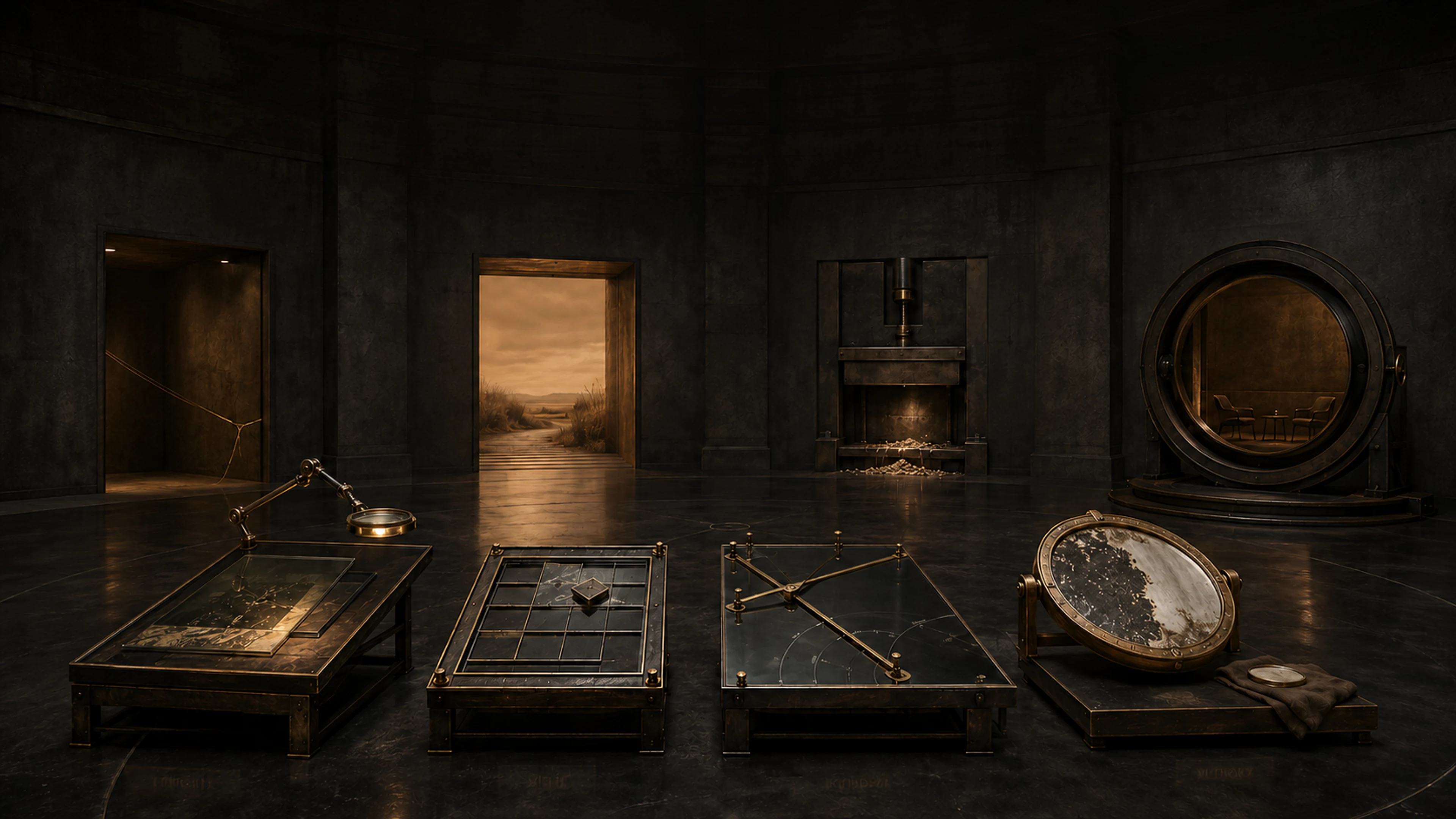 A dark architectural laboratory with four rooms set into its walls and four mirror instruments on its floor.