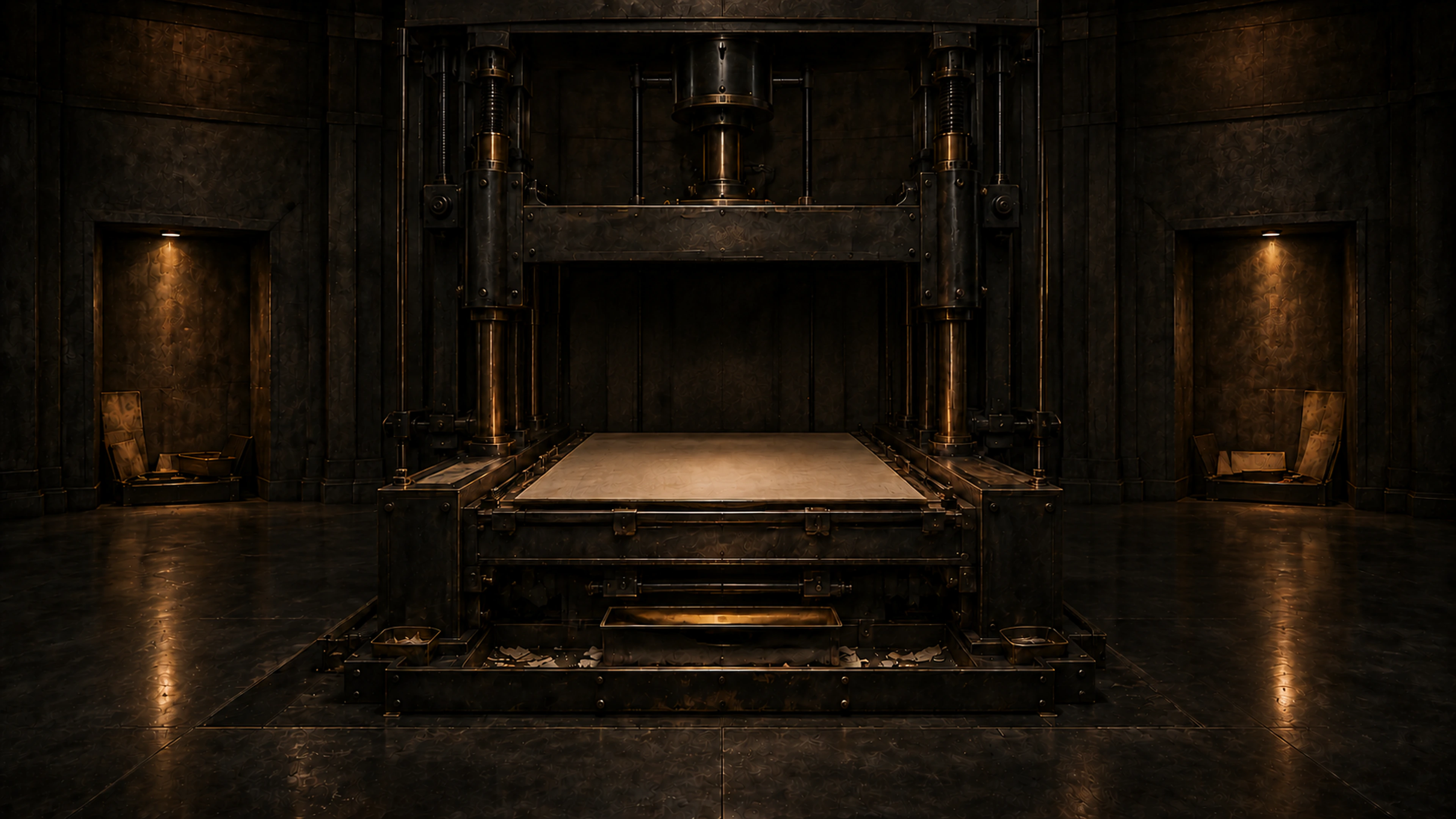 A room-sized mechanical press waiting over a bed of language.
