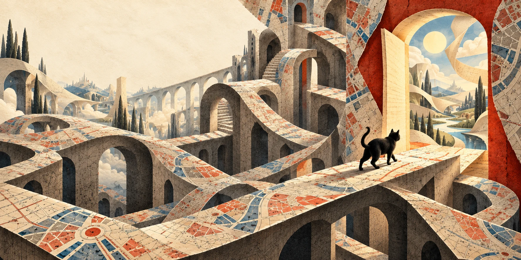 A black cat approaches a sunlit doorway through an impossible city of arches, stairs, and bridges covered in street maps.