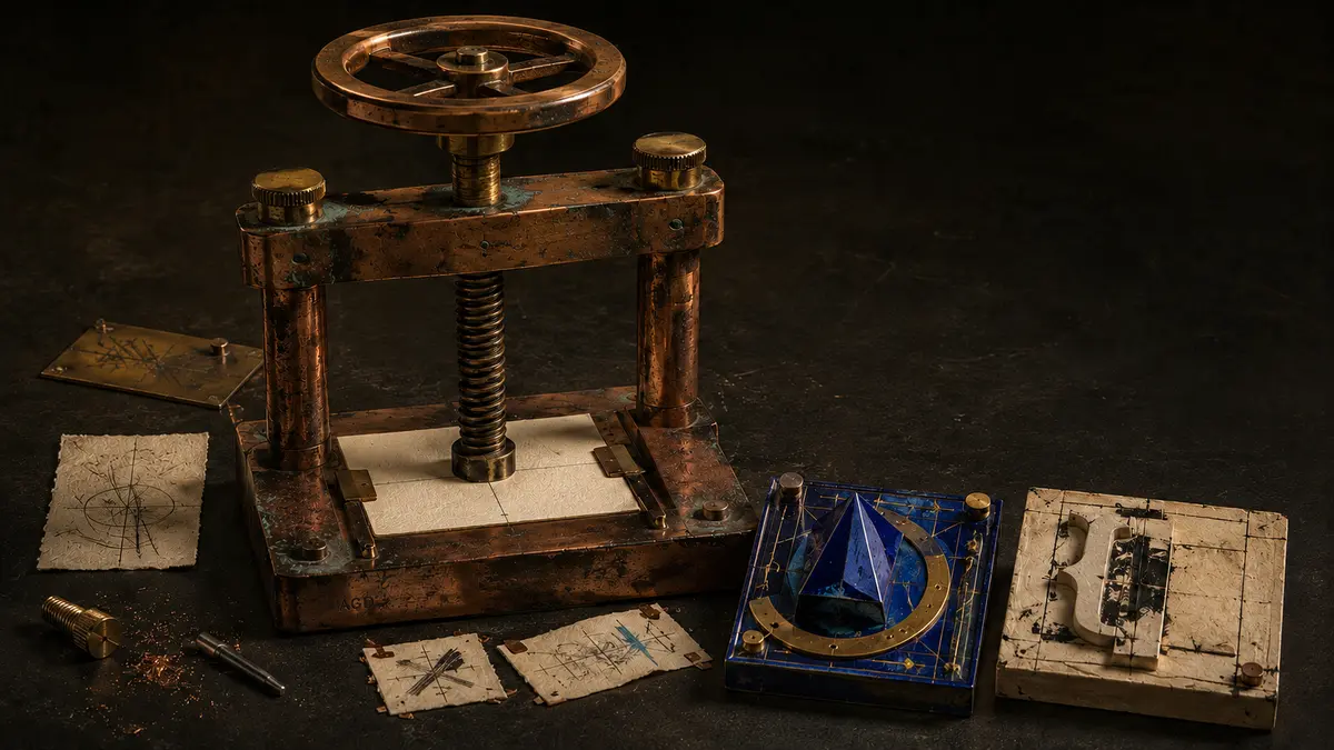 A hand-built copper press stands on a dark worktable beside cobalt geometric and warm-ivory interpretive instruments.