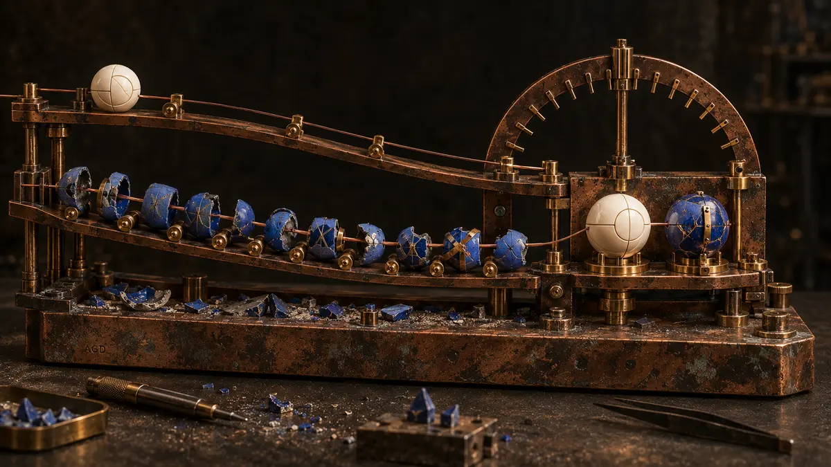A worn copper apparatus carries one ivory object along a careful upper track and a succession of broken cobalt versions along a lower track, joined by a copper filament beneath a shared timing arch.