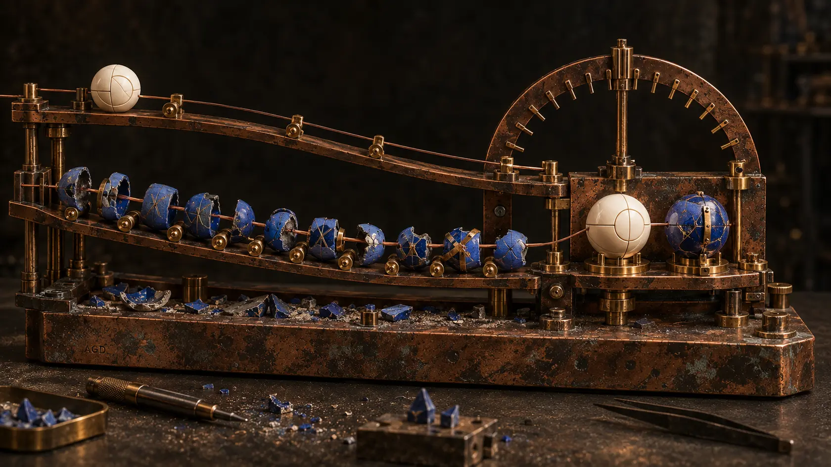 A worn copper apparatus carries one ivory object along a careful upper track and a succession of broken cobalt versions along a lower track, joined by a copper filament beneath a shared timing arch.