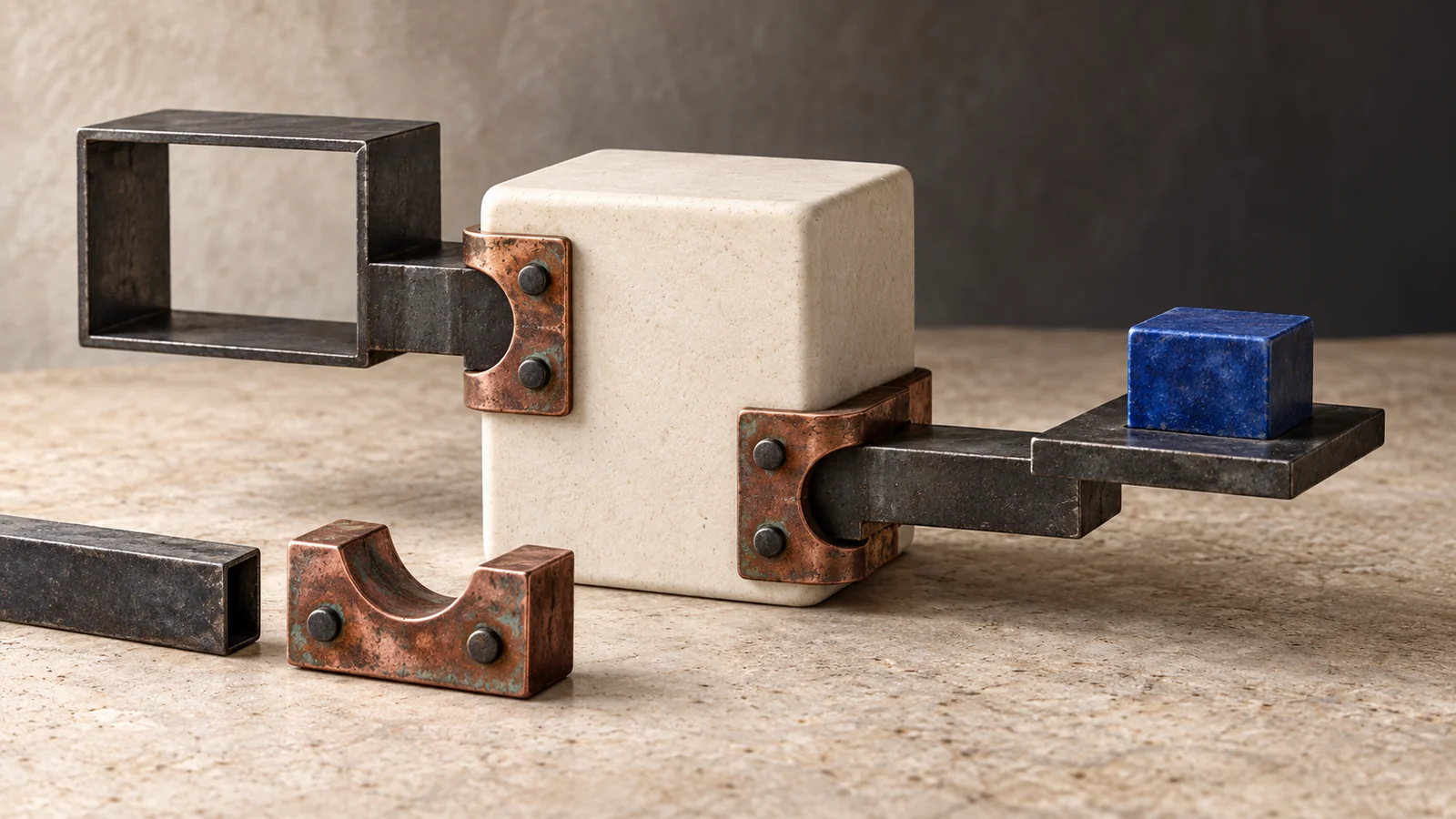 An ivory block supports a dark metal frame and a platform holding a cobalt cube. Matching copper brackets join both extensions to the block, while a loose bracket and hollow metal bar rest on the stone surface in front.